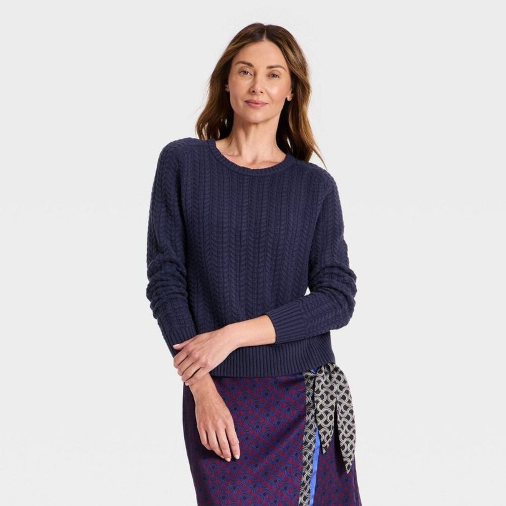 Women's Pointelle Pullover Sweater - A New Day Navy Blue L